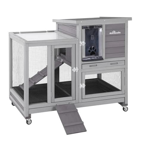 Gowoodhut Rabbit Hutch - 2 Story Rabbit Cage on Wheels Indoor Bunny Hutch with Run Outdoor Guinea Pig Cage with Waterproof Asphalt Roof,Pull Out Tray, Ramp for Small Animals, Grey White. . Rabbit cages near me